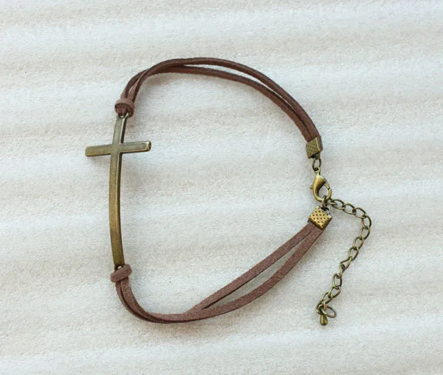 

24PCS Retro Style Antiqued Bronze Cross Link Brown Velvet Bracelets #23499