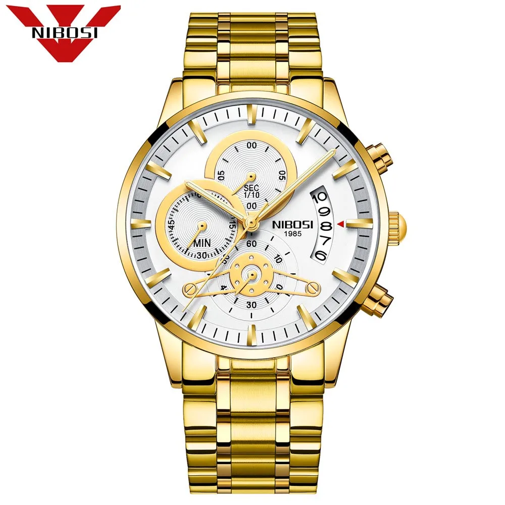 Gold White Reloje NIBOSI Мужские часы Мужские автоматические кварцевые роскошные мужские часы брендовые водонепроницаемые спортивные часы мужские Relogio Masculino - Цвет: Gold White