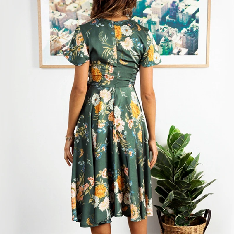Melegant New Green Casual Women Wrap Mid Dress Bow Ruffle Party Summer Sexy Vintage Elegant Floral Dresses Vestidos | Женская одежда