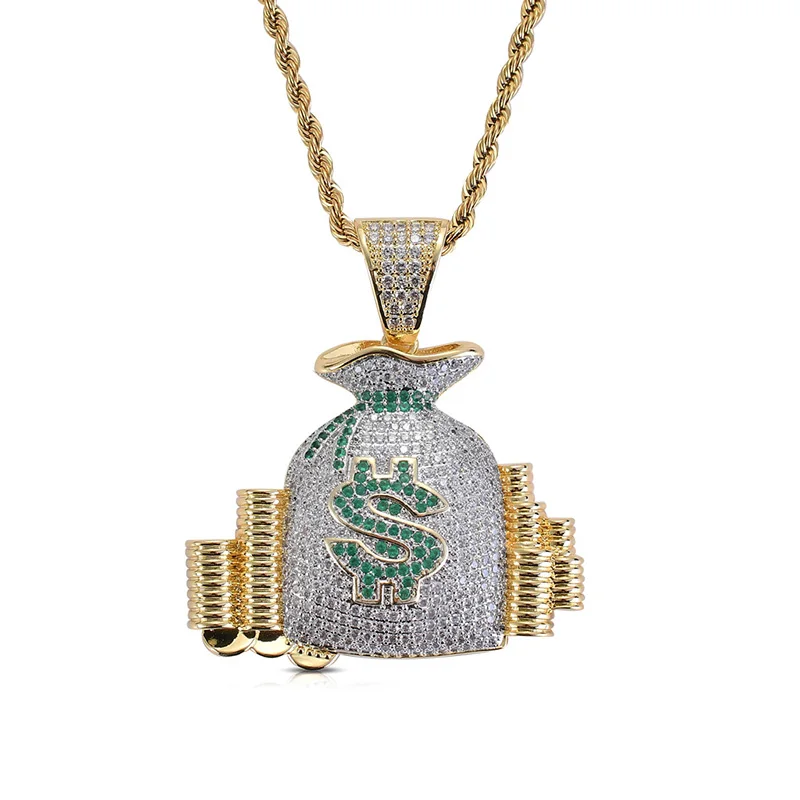 Bling хип-хоп доллар $ символ кошелек кулон Льдом Из кубического циркония ожерелье