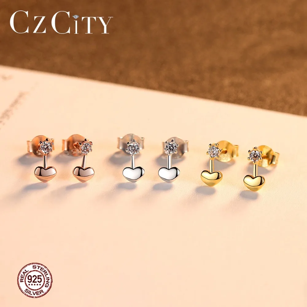 CZCITY Мода 925 серьги гвоздики из стерлингового серебра в виде сердечек для женщин