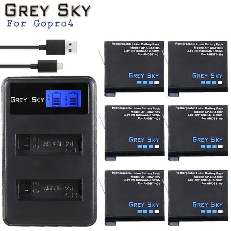 Charger and 6battery AHDBT-401+ lcd USB двойное зарядное устройство для Gopro Hero 4 батареи Go Pro Hero4 bateria AHDBT 401 аксессуары для экшн-камеры - Цвет: Charger and 6battery