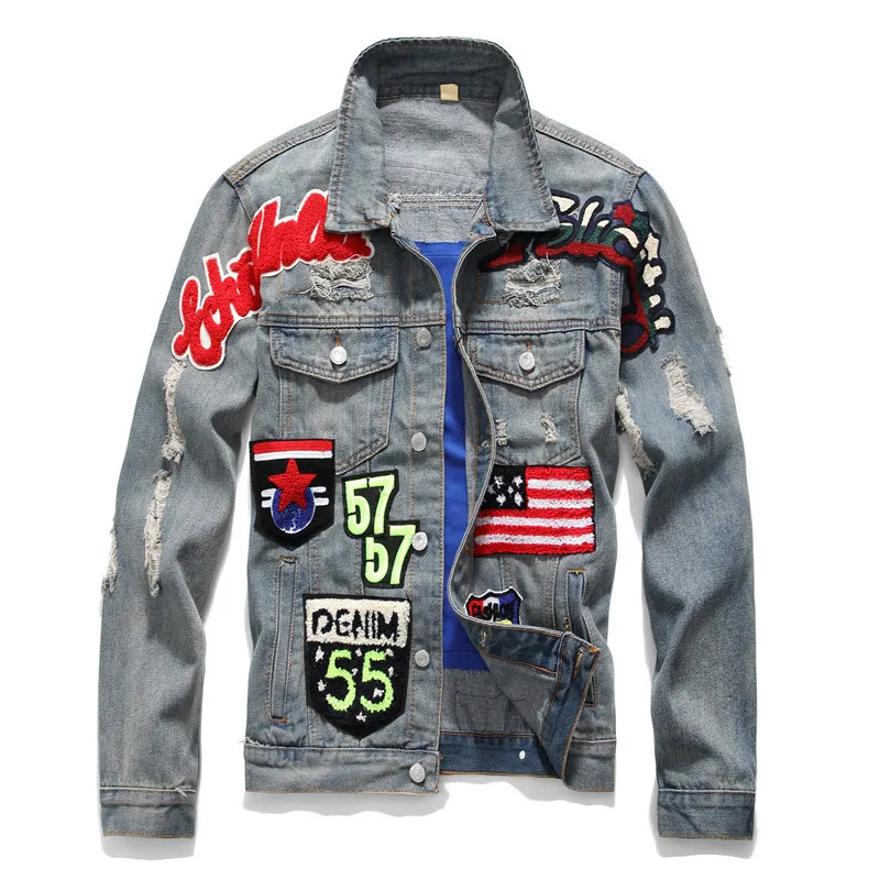 

Men Denim Jacket Letter Flag Embroidery Painted Pattern Men's Jackets New Fashion Slim Streetwear Mens Cotton Jeans Coat DS50553