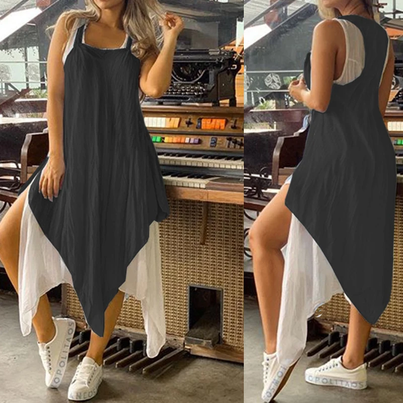 

Fashion Sexy Ladies Solid Color Sleeveless Irregular Summer Dress Women Casual Holiday Beach Sundress Summer Clothes For Women
