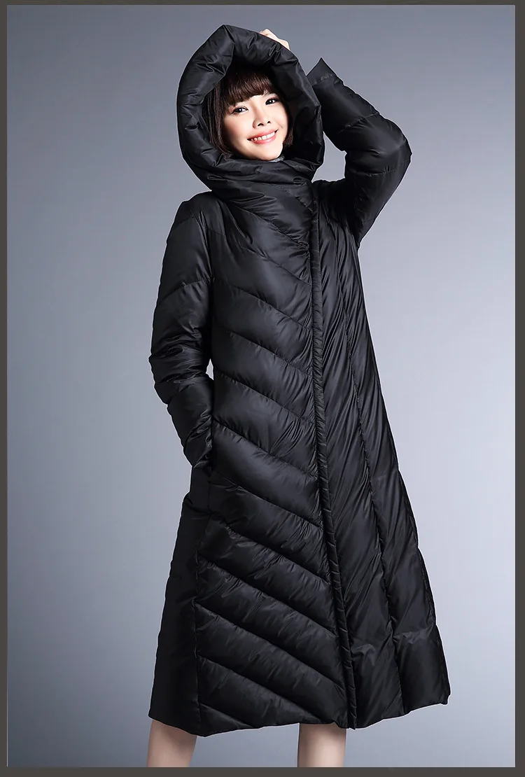 Пуховик на 90% утином пуху размера плюс модный бренд длинный пуховик с капюшоном