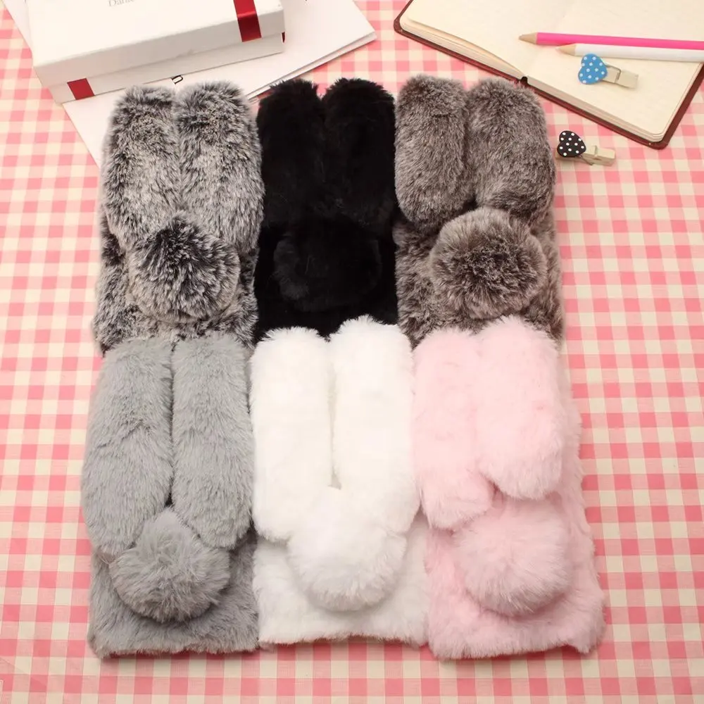 For iPhone 7 Case 3D Cute Rabbit Hairy Warm Fur Bling Rhinestone Plush Bunny Cover for XS 4 4S 5 5S SE 6 6S 8Plus |