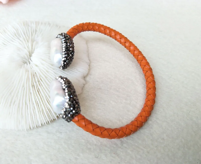 

4 Pieces Colorful Leather Bangle,Pave Crystal Rhinestone Natural Fresh Water Pearl Cuff Jewelry Bracelet BG170
