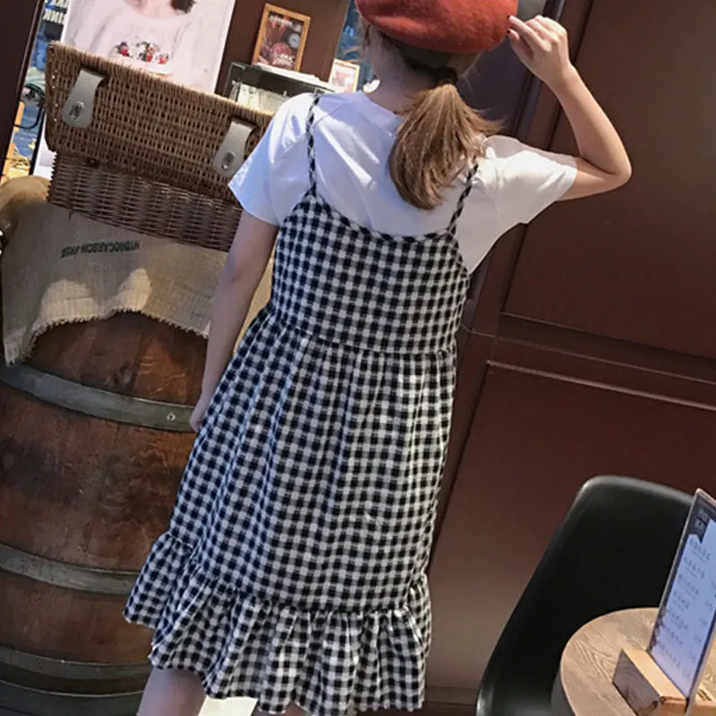 Summer Japanese Spaghetti Strap Plaid women Dress Soft Sister Sweet Small Lattice Fresh Student Sleeveless Camisole Female | Женская