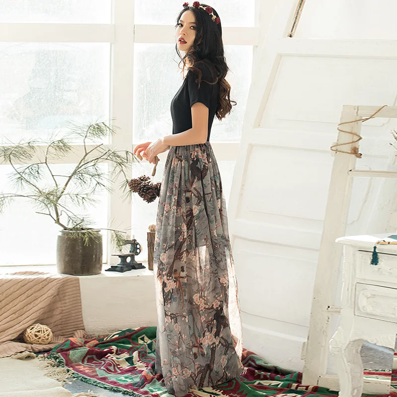 Женское длинное шифоновое платье элегантное винтажное макси с коротким рукавом