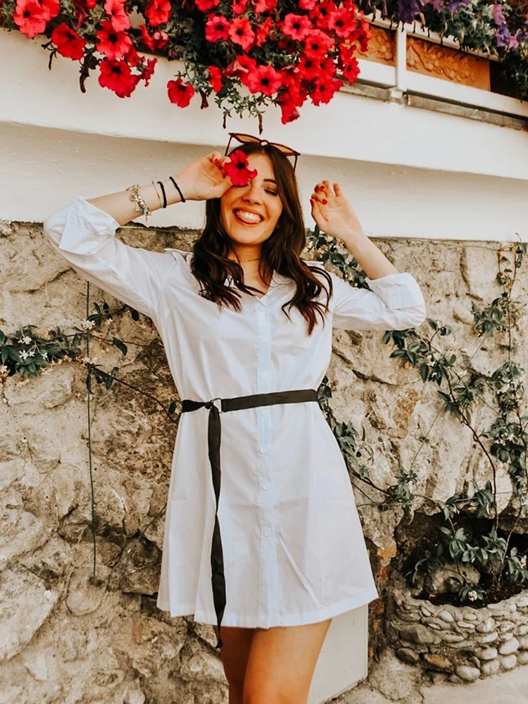 Sheinside элегантное белое платье-рубашка для женщин весеннее однотонное прямое платье с поясом офисное женское мини-платье с закатанными рукавами