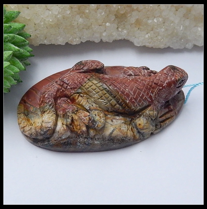 Natural Stone Carved Animal Lizard Multi-Color Picasso Necklace Pendant,61x37x17mm,41.2g semiprecious stone fashion pendant