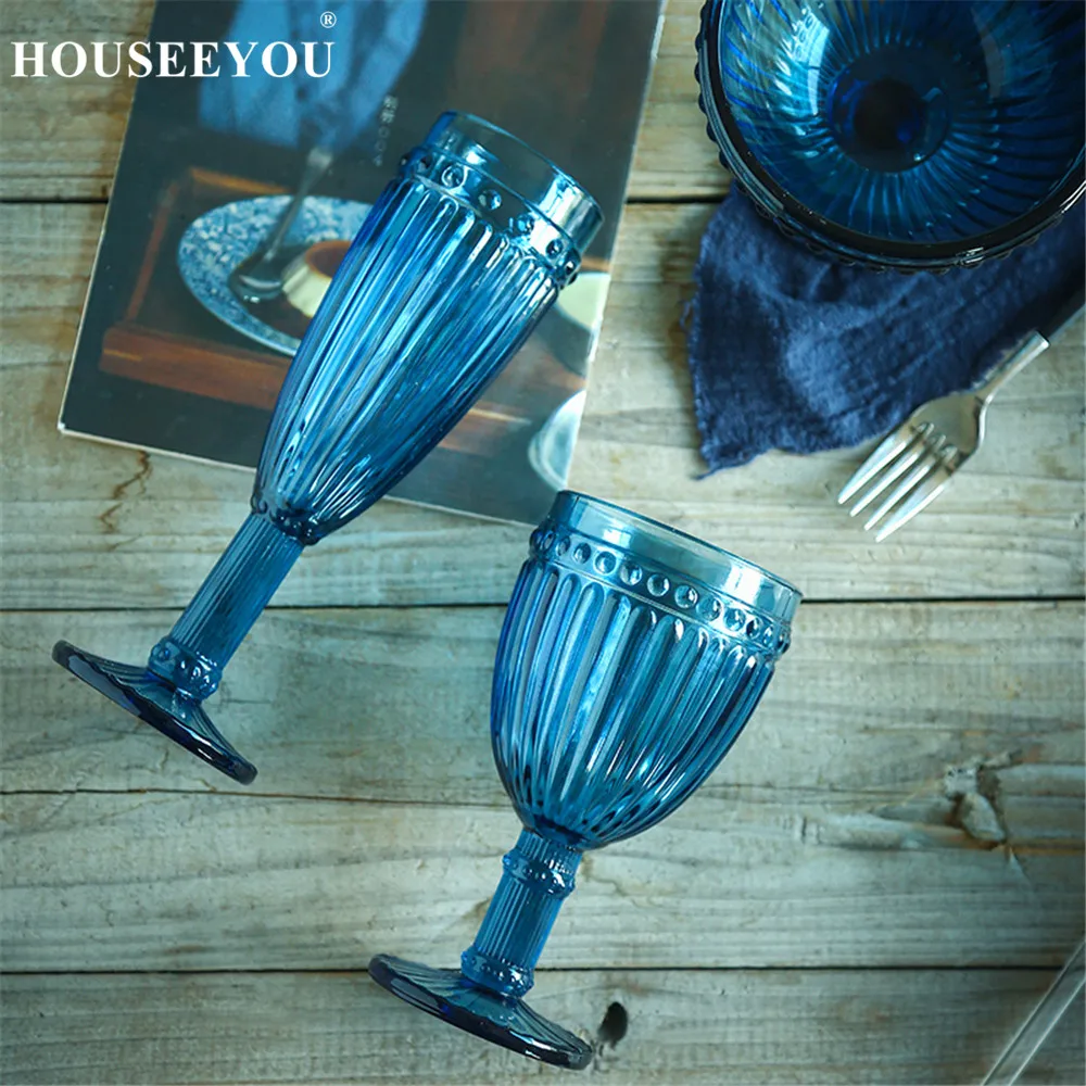 HOUSEEYOU Европейская синяя старомодная Хрустальная гравировка бокалы для вина