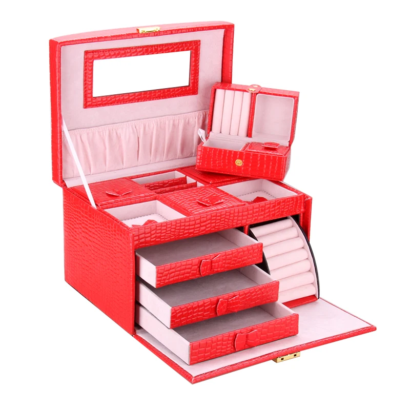 Цена Большая красная шкатулка для ювелирных изделий, органайзер для хранения, Дорожный Чехол для девочек, кожаный чехол для дисплея, свадебные к...