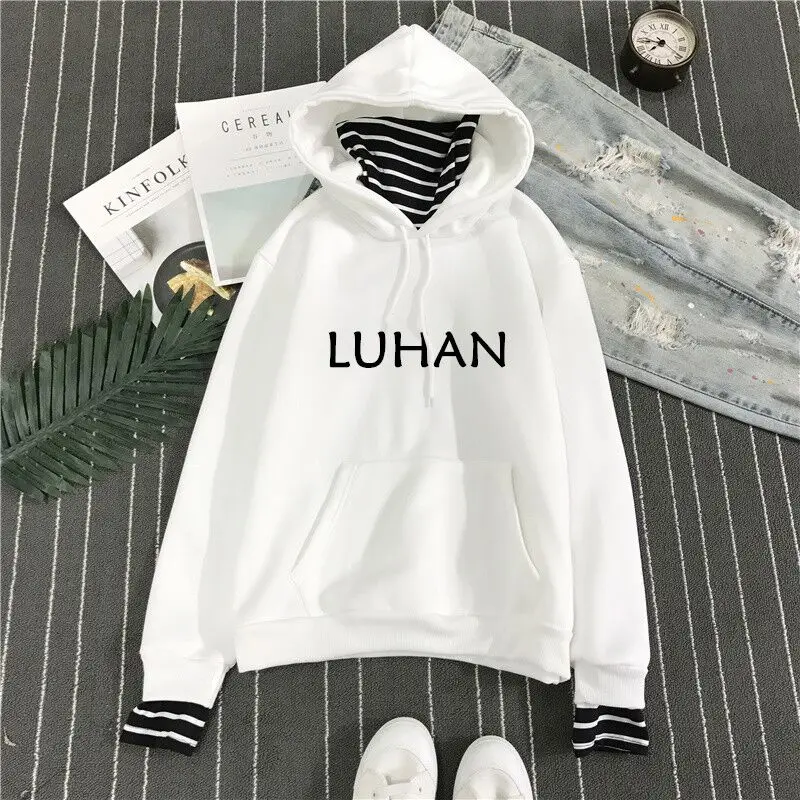 Kpop exo harajuku полосатый воротник свободные поддельные два плюс бархат пуловер с капюшоном женский корейский студенческий k-pop exo осень зима