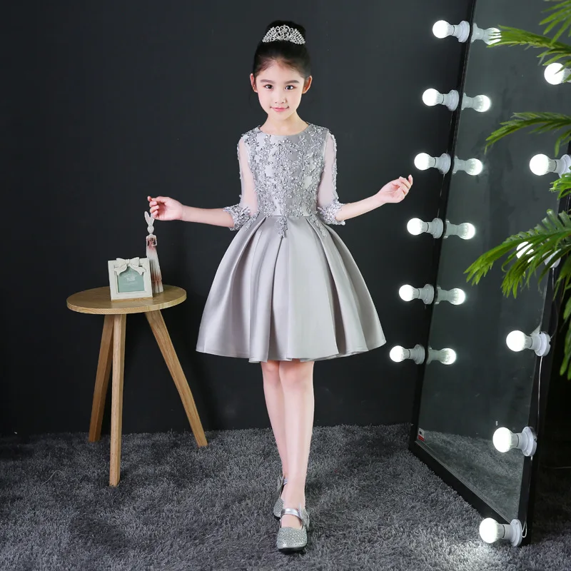 Princess dress toddler girls costumes evening formal prom silver pleat lace flower appliques party 2018 hollow out sleeves | Детская