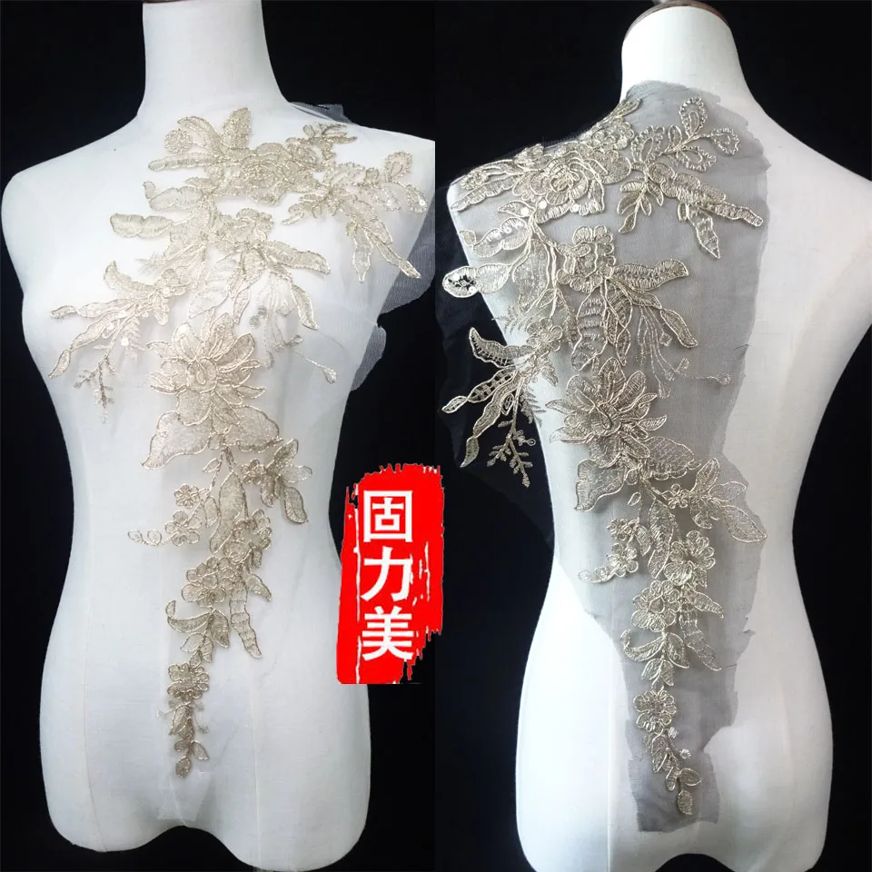 2 шт. роскошный золотой нитью цветок с шампанским и Черная мягкая сетчатая ткань