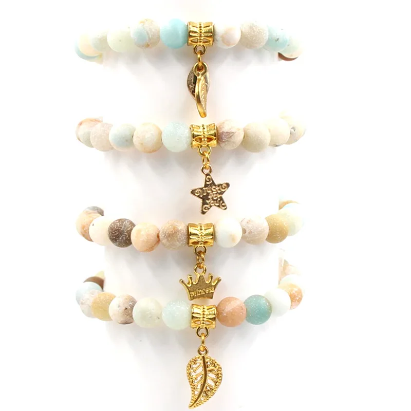 Simple Jewelry Star Leaf Crown Pendant Bracelets 8mm Frosted Amazonite Beaded Bracelet For Women Men Yoga Energy Gifts | Украшения и