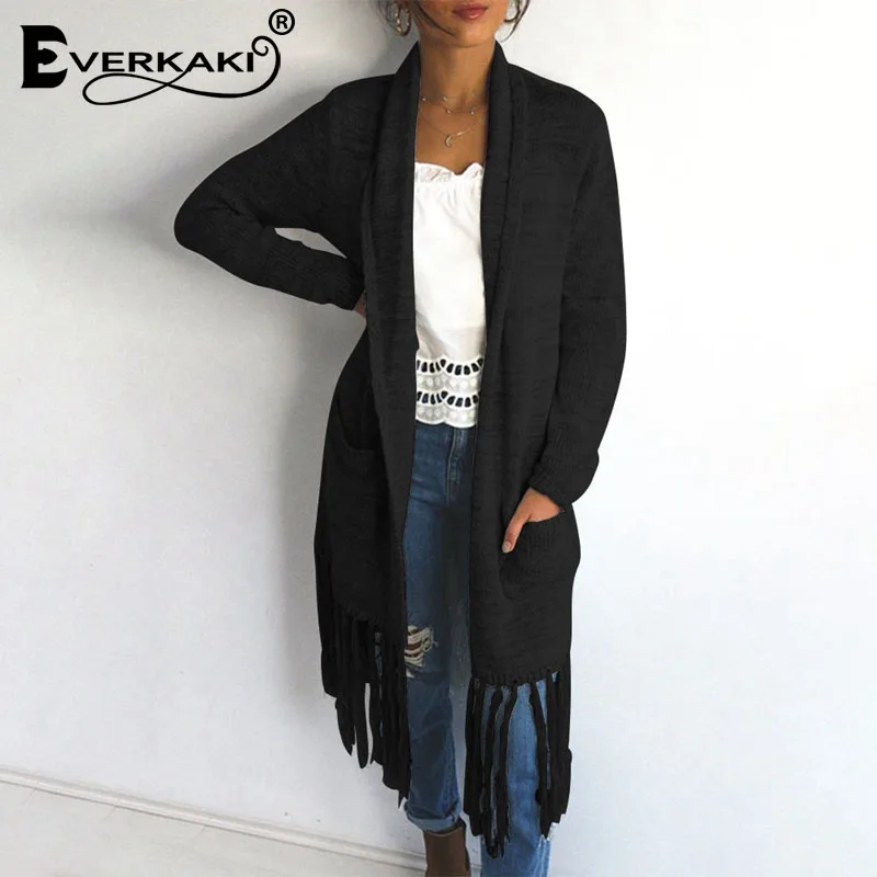 Everkaki Tassels Solid Knitted Long Cardigans Sweater Women With Pockets Boho Coat Female 2019 Autumn Winter |