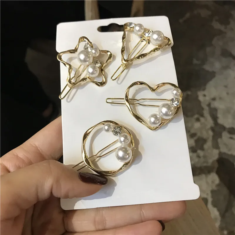 AOMU, Корея, милые, полые, сердце, звезда, металлические заколки для волос, женские аксессуары для волос, имитирующий жемчуг, кристалл, металлические заколки для волос