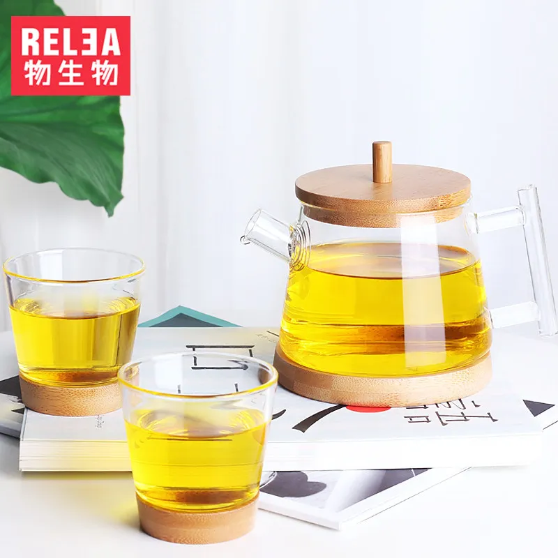Чайник ручной работы термостойкий стеклянный кувшин бамбуковый поднос с крышкой