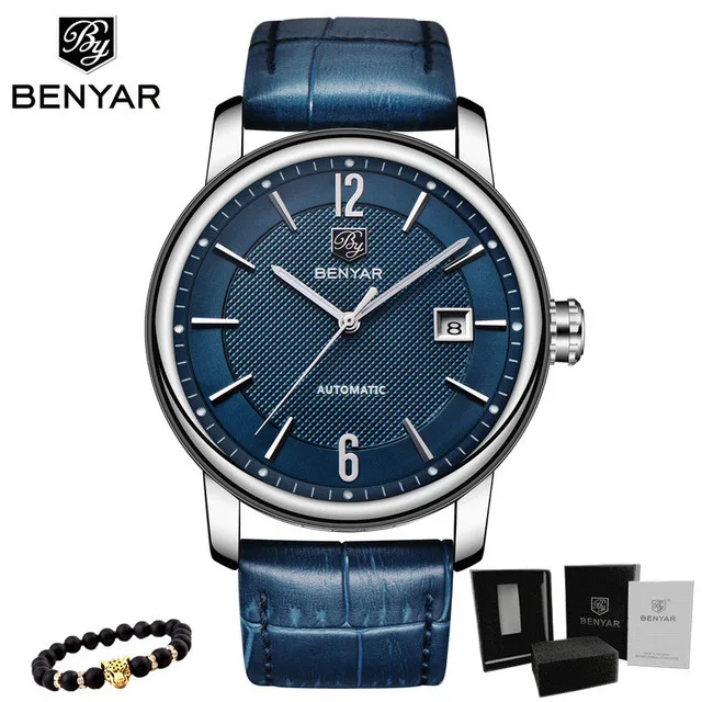 L-silver blue BENYAR, новинка, автоматическая техника, бизнес класса, Роскошные мужские часы, Топ бренд, Модные Военные часы из нержавеющей стали, мужские часы, Relogio Masculino - Цвет: L-silver blue