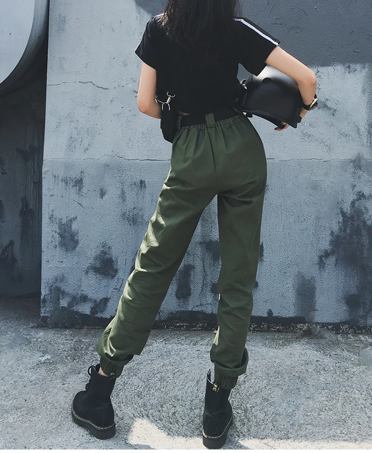 

Women Pants 2019 Fashion High Waist Trousers Women Cargo Pants Ankle Length Army Green Black Joggers Streetwear Female Trousers