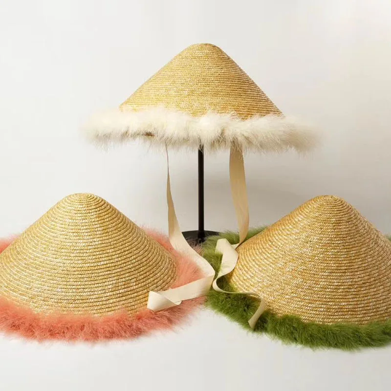 

New Fashion Women Straw Hat with Fascinatin Feather Trimed Summer Hats Elegant Kentucky Derby Sun Hat Wide Brim Beach Hats