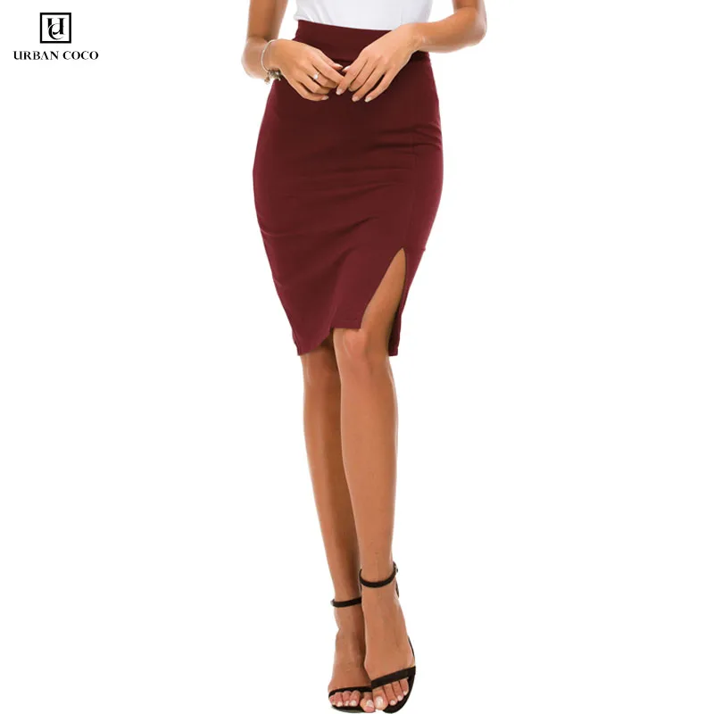 Wine Red Urban CoCo Женская облегающая юбка-карандаш с эластичным поясом и разрезом сбоку - Цвет: Wine Red