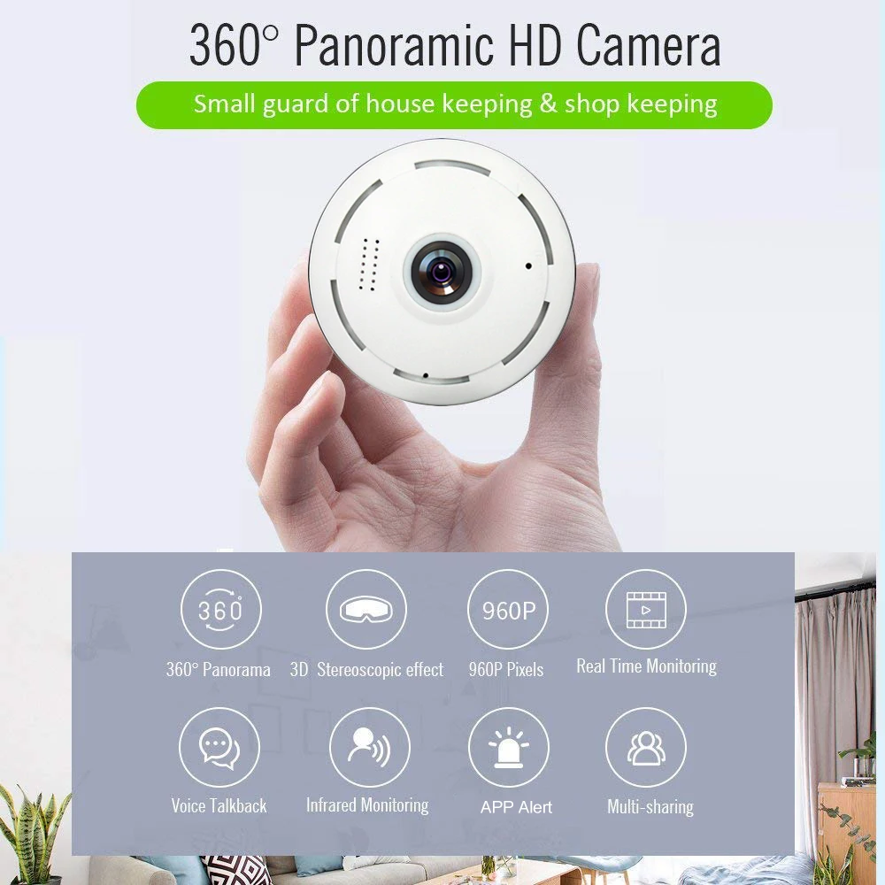 Панорамная камера с углом обзора 360 ° Wi Fi 960P HD IP Радионяня рыбий глаз ночным