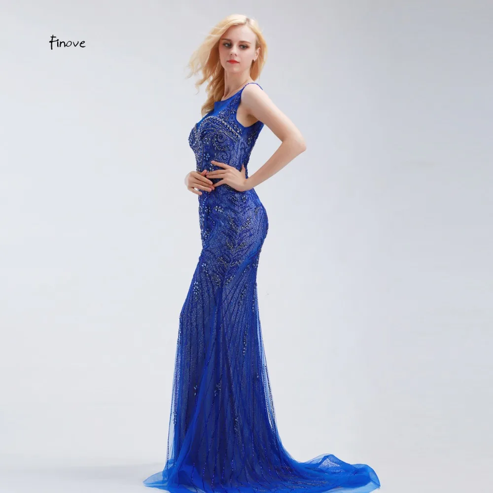 Finove Длинные вечерние платья Иллюзия See Through Back Кристалл Бисером Модные женские