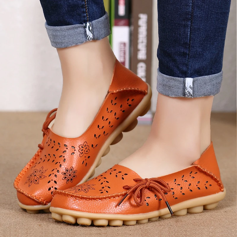 Orange Big size 34-44 spring women flats shoes women genuine leather flats ladies shoes female cutout slip on ballet flat loafers - Цвет: Orange