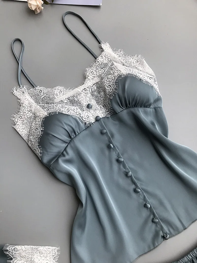 Lisacmvpnel 3 Pcs Ice Silk Robe Set Lace Sexy Bathrobe Spaghetti Strap With Chest Pad Nightdress+Robe+Shorts Pyjama For Women
