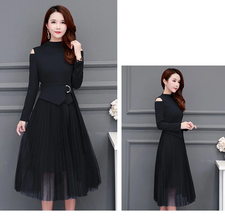 2019 Новое весеннее модное женское платье с круглым вырезом и длинным рукавом