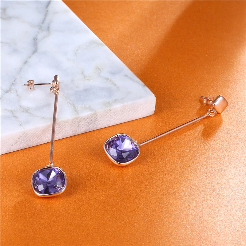 ROXI, фиолетовые квадратные висячие серьги с кристаллами для женщин, свадебные, розовое золото, длинные висячие серьги с кисточками, массивные ювелирные изделия, подвески