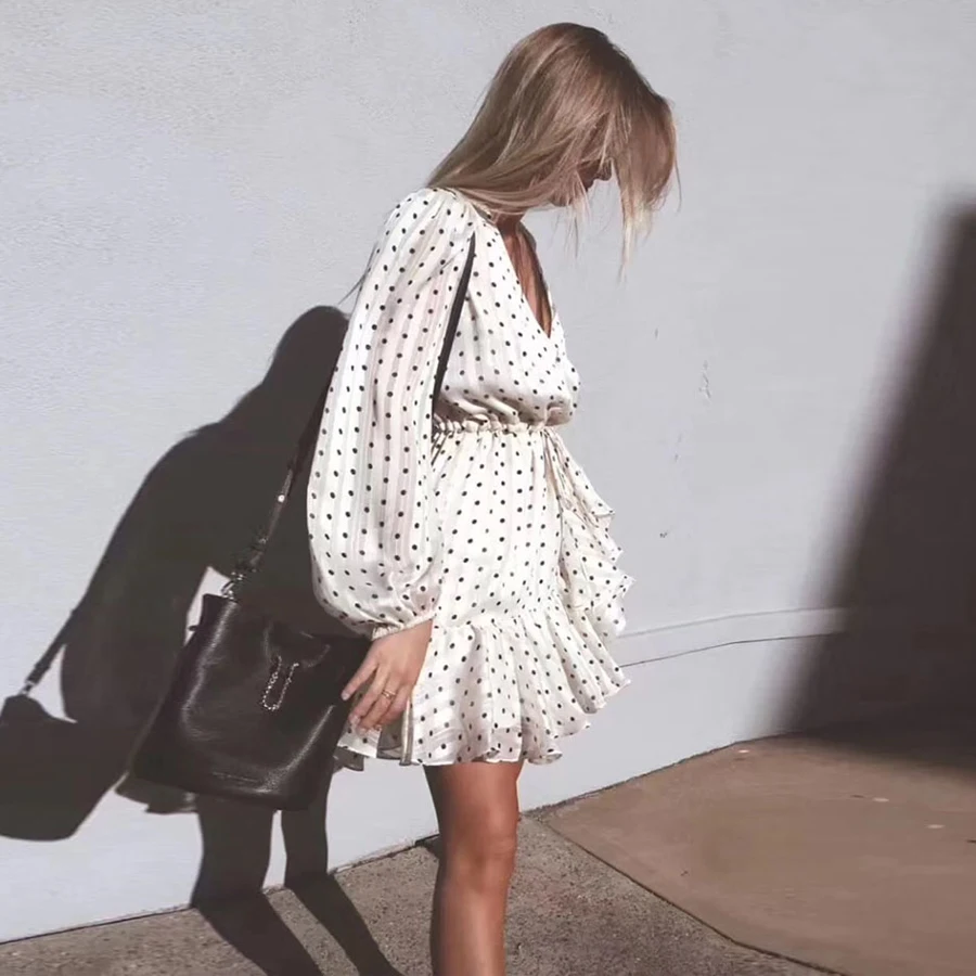 TEELYNN мини-платье винтажное бежевое платье в горошек с принтом вечерние платья