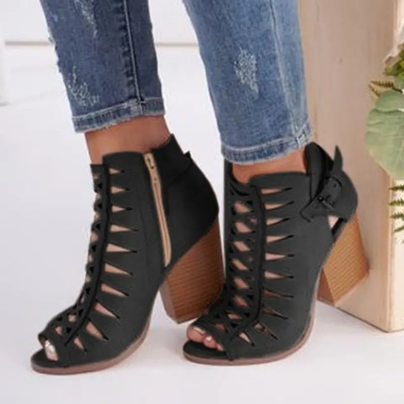 Женские летние туфли-лодочки на высоком массивном каблуке с открытым носком