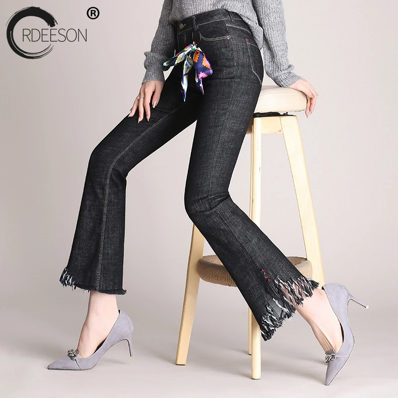 Женские рваные джинсы ORDEESON с высокой талией черные обтягивающие кисточками