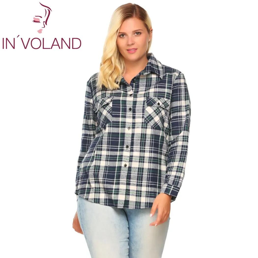 IN'VOLAND, Женская клетчатая блузка, Blusas, топ размера плюс, осенняя Классическая рубашка с отворачивающимся рукавом и карманом, рубашка на пуговицах, больше размера d XL-5XL