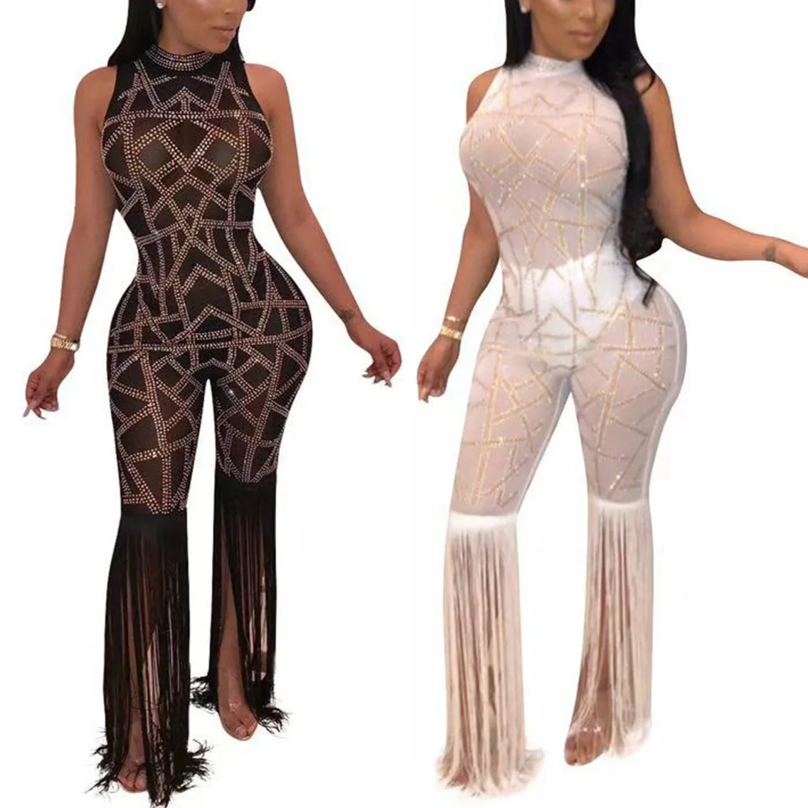 Tassel Patchwork Sheer Mesh Jumpsuit NEW Women Transparent Sexy Night Club Party Romper Overalls Costume Outfit | Женская одежда