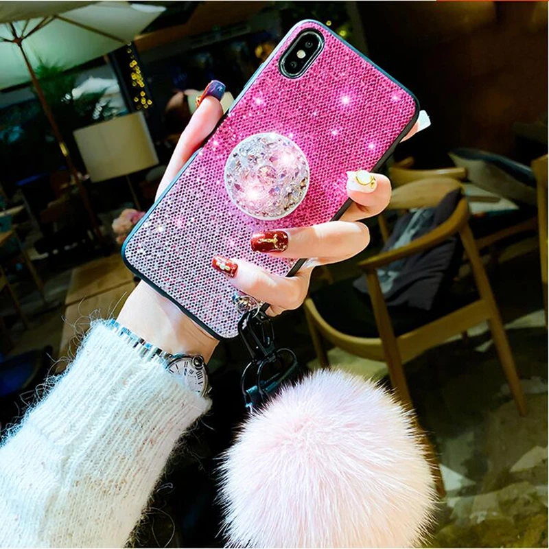 Блестящий розовый 3D Алмазный чехол-подставка для iphone 11Pro MAX 11Pro XS XR 8 plus hair ball для samsung S8 9 10plus Note 8 9 задний Чехол
