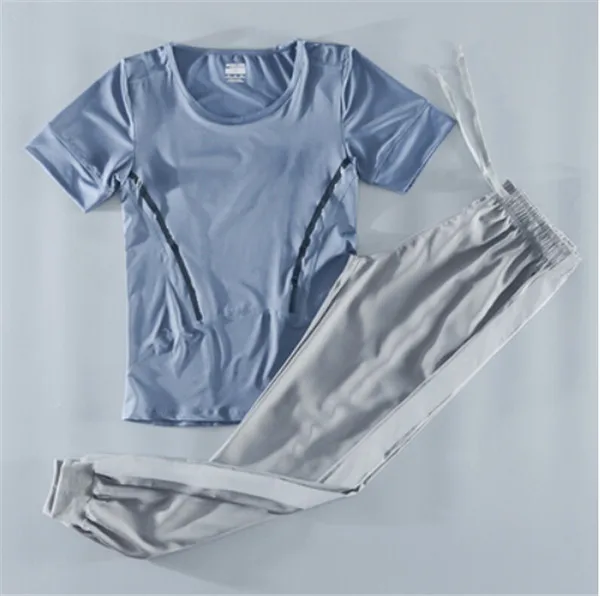 2 piece set g Летний женский спортивный комплект из 4 предметов для бега, быстросохнущая футболка+ бюстгальтер+ сетчатые шорты+ штаны, костюм для фитнеса, спортзала, йоги, одежда для тренировок - Цвет: 2 piece set g