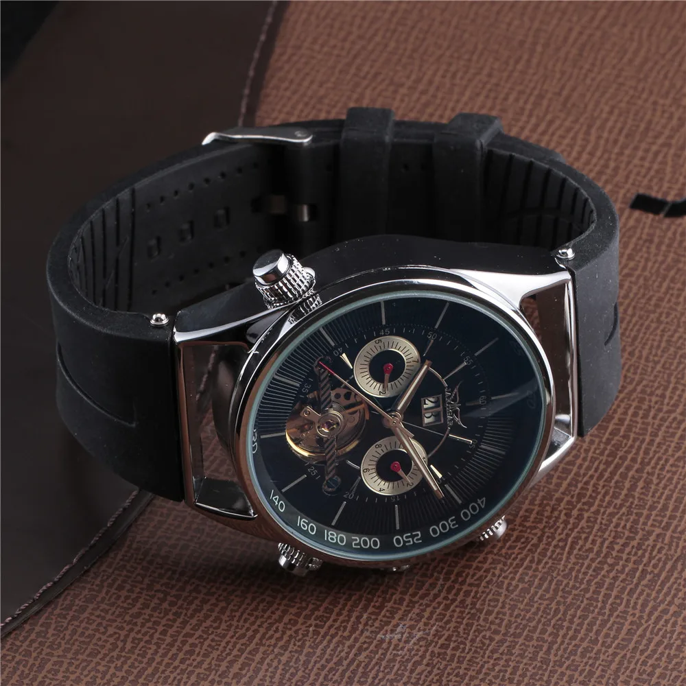 Автоматические механические часы JARAGAR Tourbillon мужские с резиновым календарем
