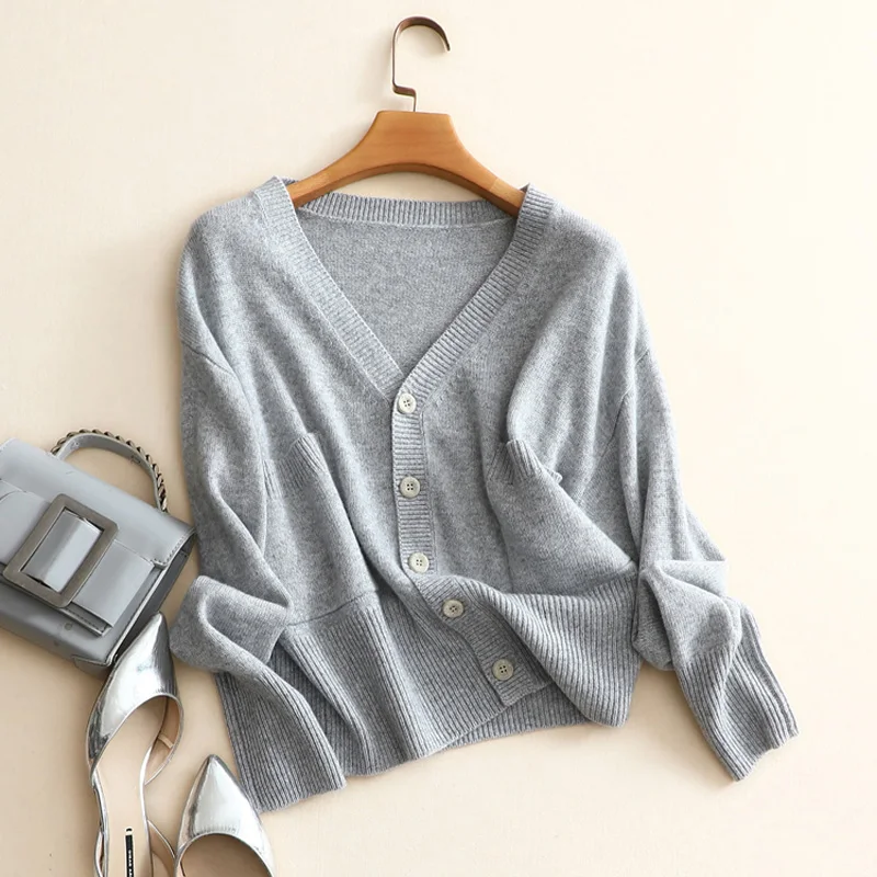 Кардиган женский кашемировый однотонный с V образным вырезом и длинным рукавом 4