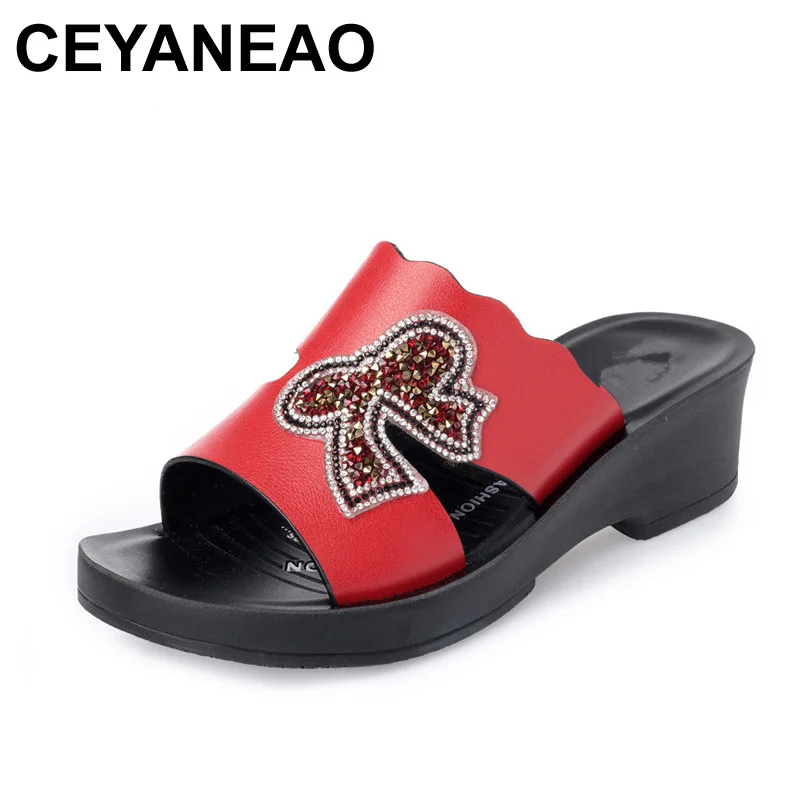 CEYANEAO/Летняя обувь; Модные женские кожаные Сланцы на танкетке; женские шлепанцы на высоком каблуке; сандалии для мамы;