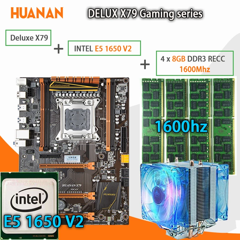 Игровая материнская плата huanan Zhi Deluxe X79 LGA 2011 ATX cpu E5 1650 V2 SR1AQ 4x8G 1600 МГц 32 ГБ DDR3 RECC память с кулером