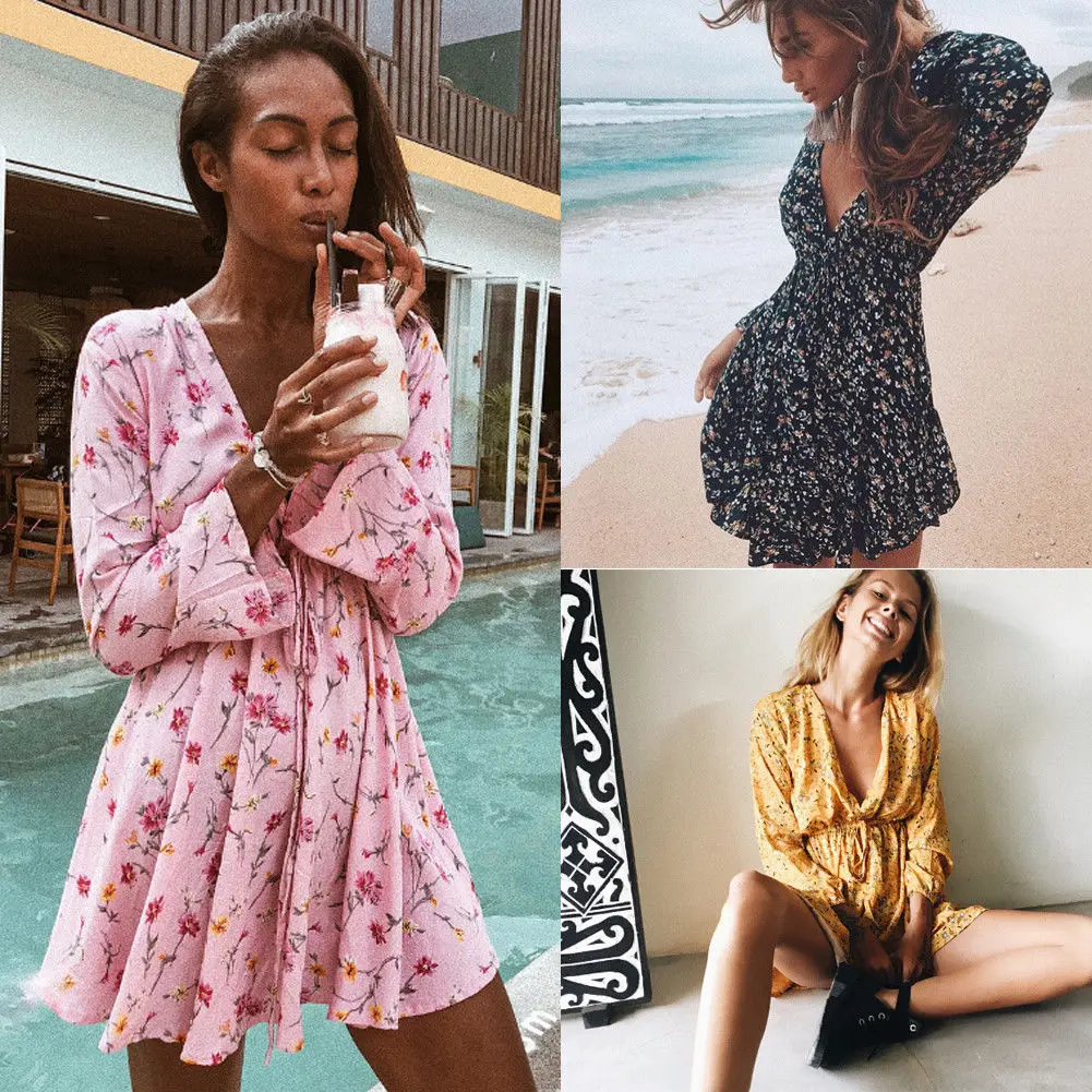 Women Summer Floral Long Sleeve Dress Party Clubwear Beach Holiday Sundress 6 Style Clothes Casual Pleated Print Dresses | Женская