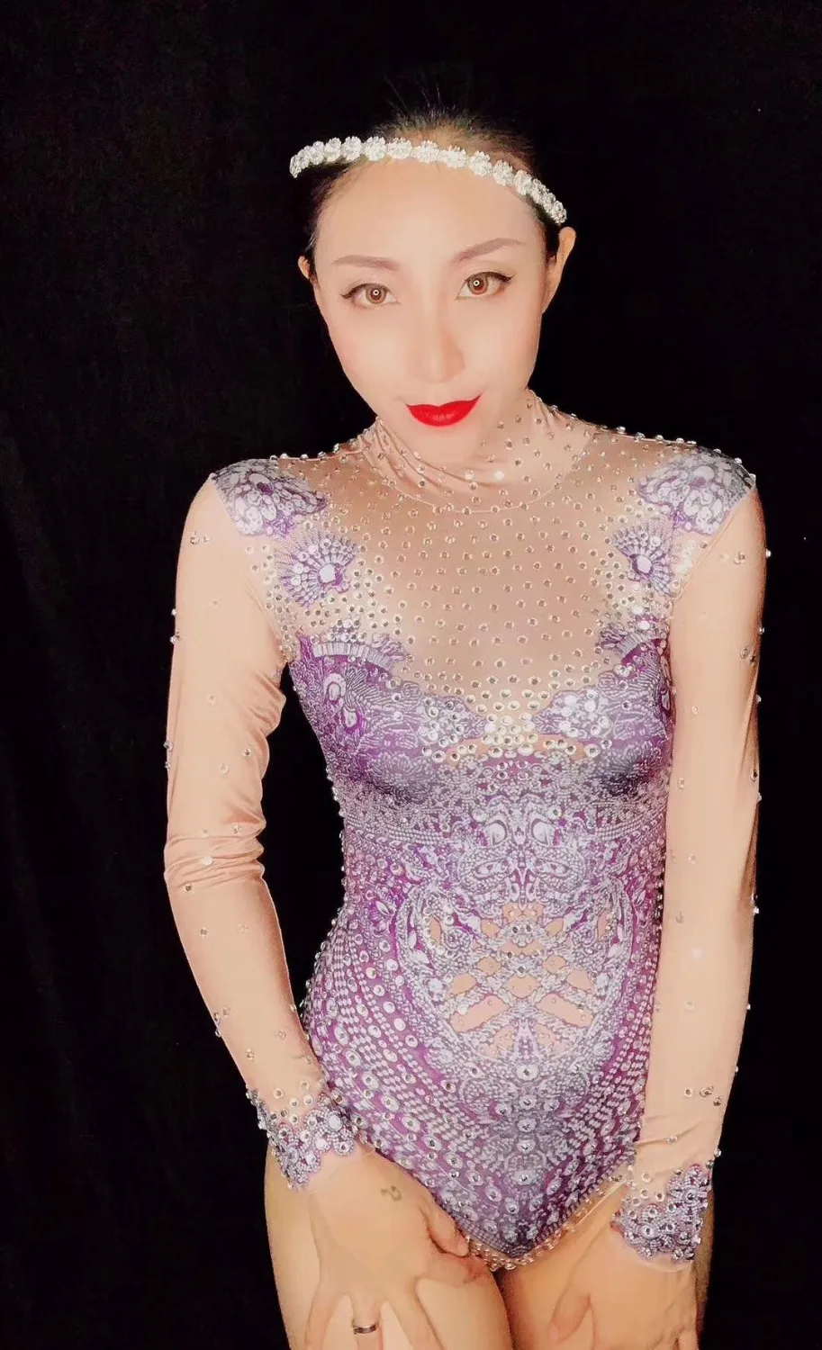 Sexy Glisten Rhinestones Stretch Printed Bodysuit Birthday Party Evening Celebrate Outfit Women Singer Dance Stage Bodysuit