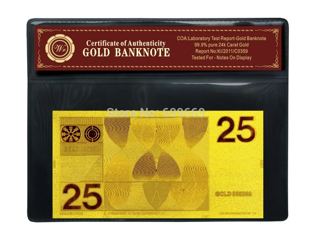 Банкнота из золотой фольги 25 галден для декора стен в Нидерландах * Красивое