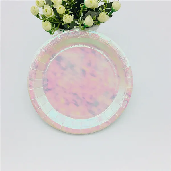 8 Small Round Plate Радужные вечерние комплекты, металлические бумажные тарелки, тарелки, чашки, обертки для кексов, шторы, кисточки для русалки/единорога, для свадебной вечеринки - Цвет: 8 Small Round Plate