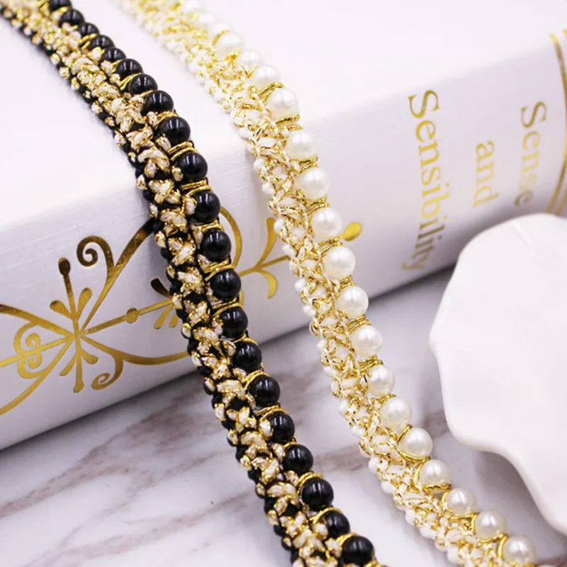 

10yards DIY Hand-stitched Pearl Braid Lace Ribbon Glitter Beads Wedding Dress Skirts Collar Neckline DIY Sewing Appliques